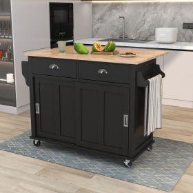 Kitchen Cart with Rubber wood Drop-Leaf Countertop, Concealed sliding barn door adjustable height