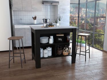 DEPOT E-SHOP Delos Kitchen Island, Four Legs, Three Shelves, Black / Ibiza Marble