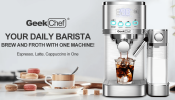 20Bar (ULKA) High Pressure Pump Automatic Espresso Machine Extract 1 / 2 Cup Cappuccino or Latte ESE POD Capsule Filter and Automatic Steam Bar 1.8L W